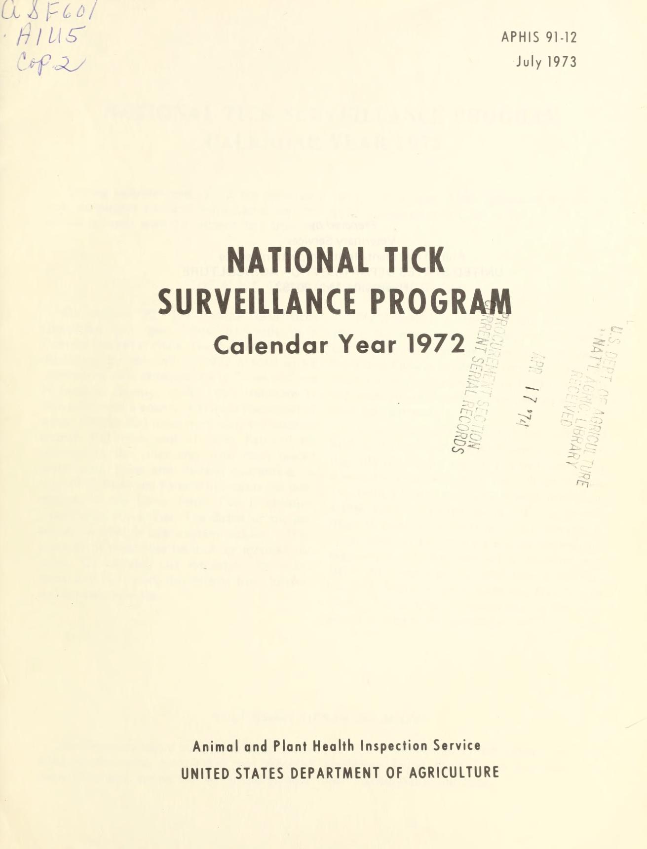 National tick surveillance program, calendar year 1972 : United States.  Animal and Plant Health Inspection Service. Veterinary Services : Free  Download, Borrow, and Streaming : Internet Archive